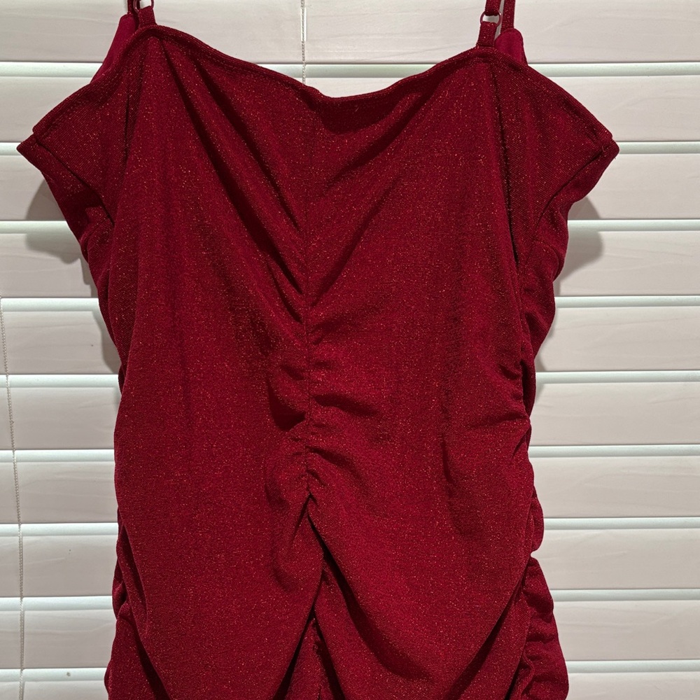 Red Ruched Sparkle Mini Dress - Picture 5 of 8